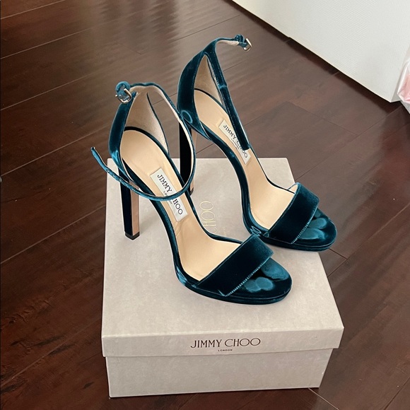 Jimmy Choo Dark Teal Velvet Heels - Picture 1 of 4